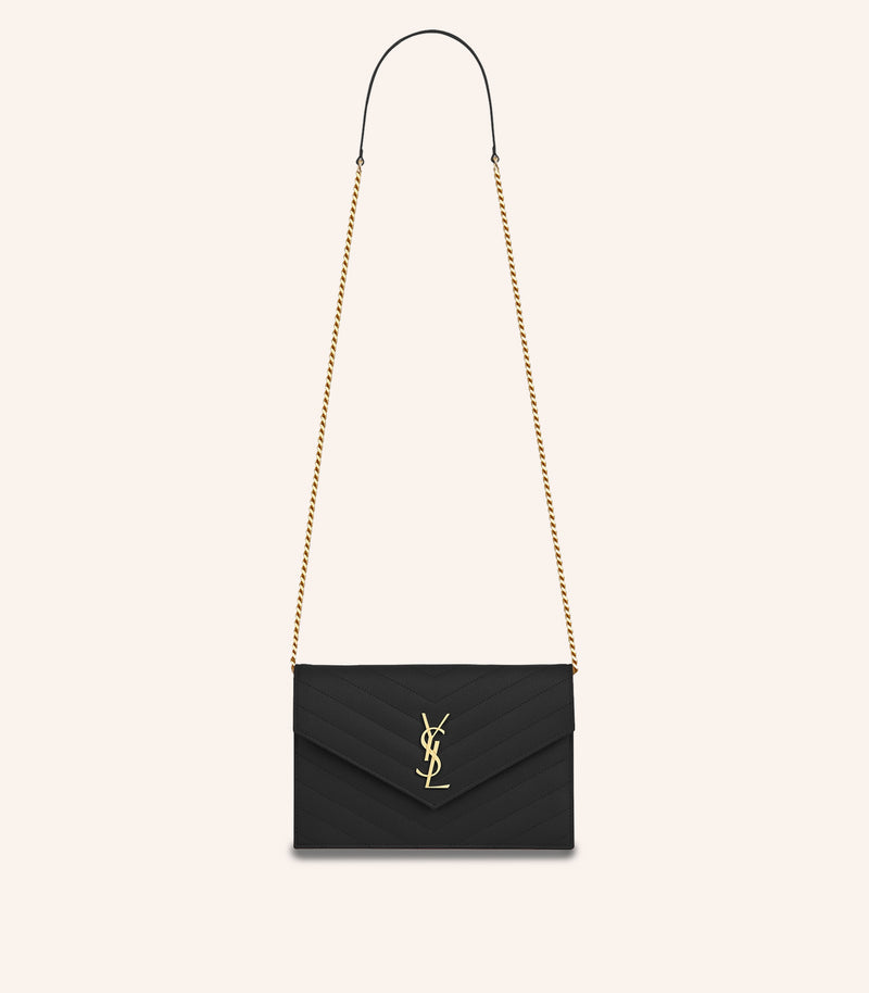 Tas YSL Saint Laurent Envelope Chain Wallet In Grain De Poudre Embossed Leather