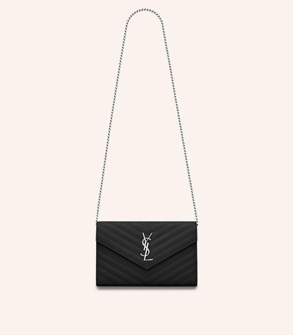 Tas YSL Saint Laurent Envelope Chain Wallet In Grain De Poudre Embossed Leather
